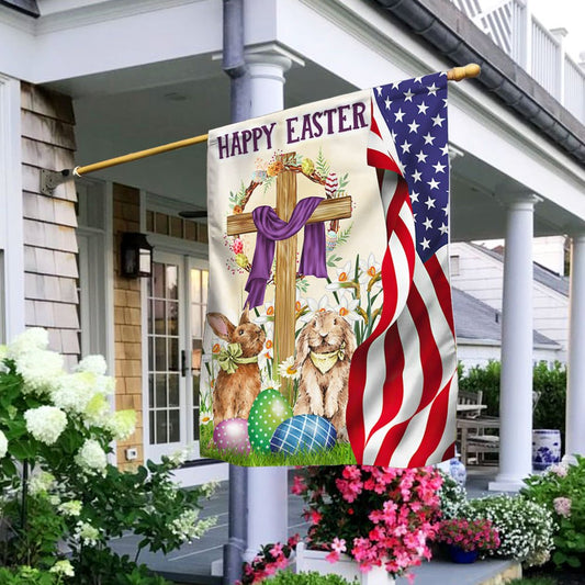 Happy Easter Christian Cross Bunny Easter Flag - Religious Easter House Flags - Easter Garden Flags