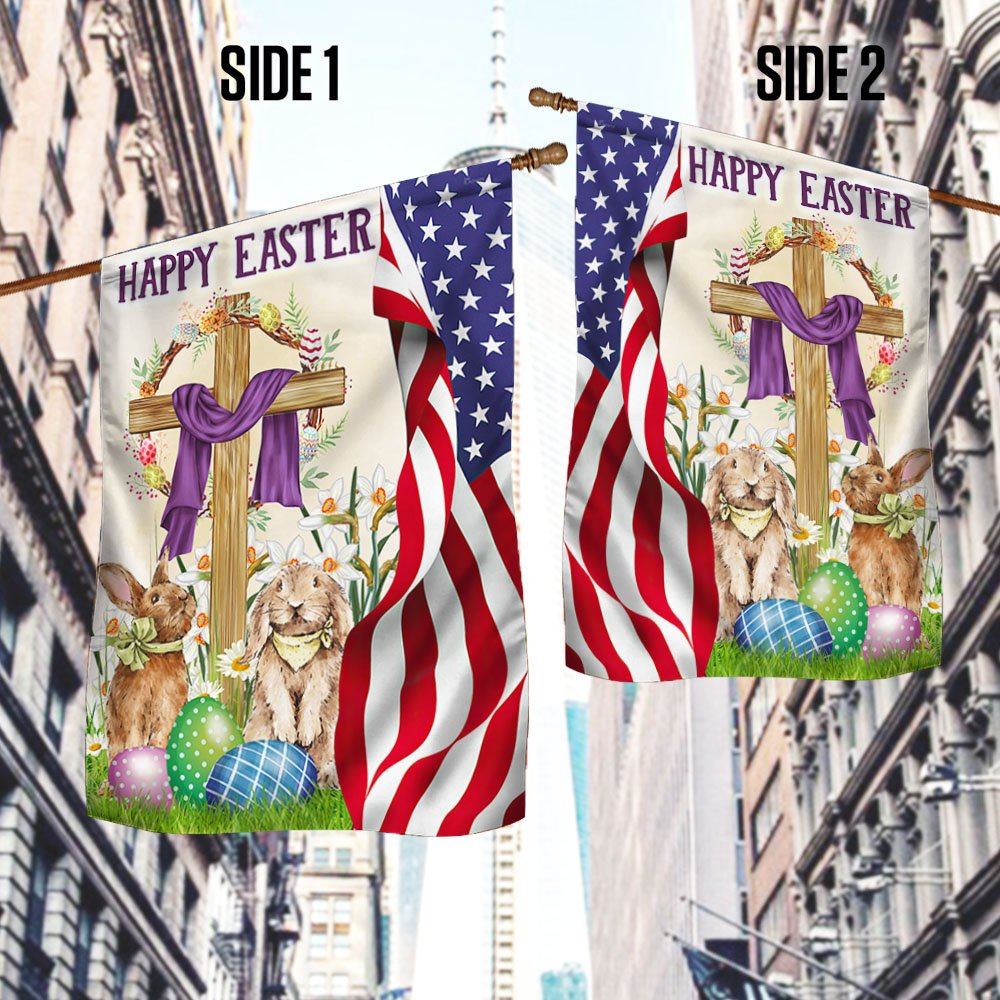 Happy Easter Christian Cross Bunny Easter Flag - Religious Easter House Flags - Easter Garden Flags