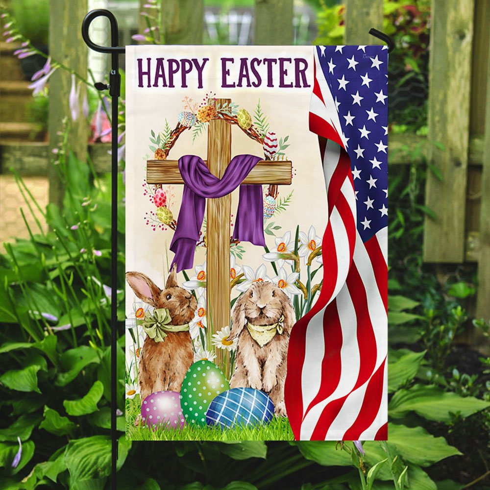 Happy Easter Christian Cross Bunny Easter Flag - Religious Easter House Flags - Easter Garden Flags