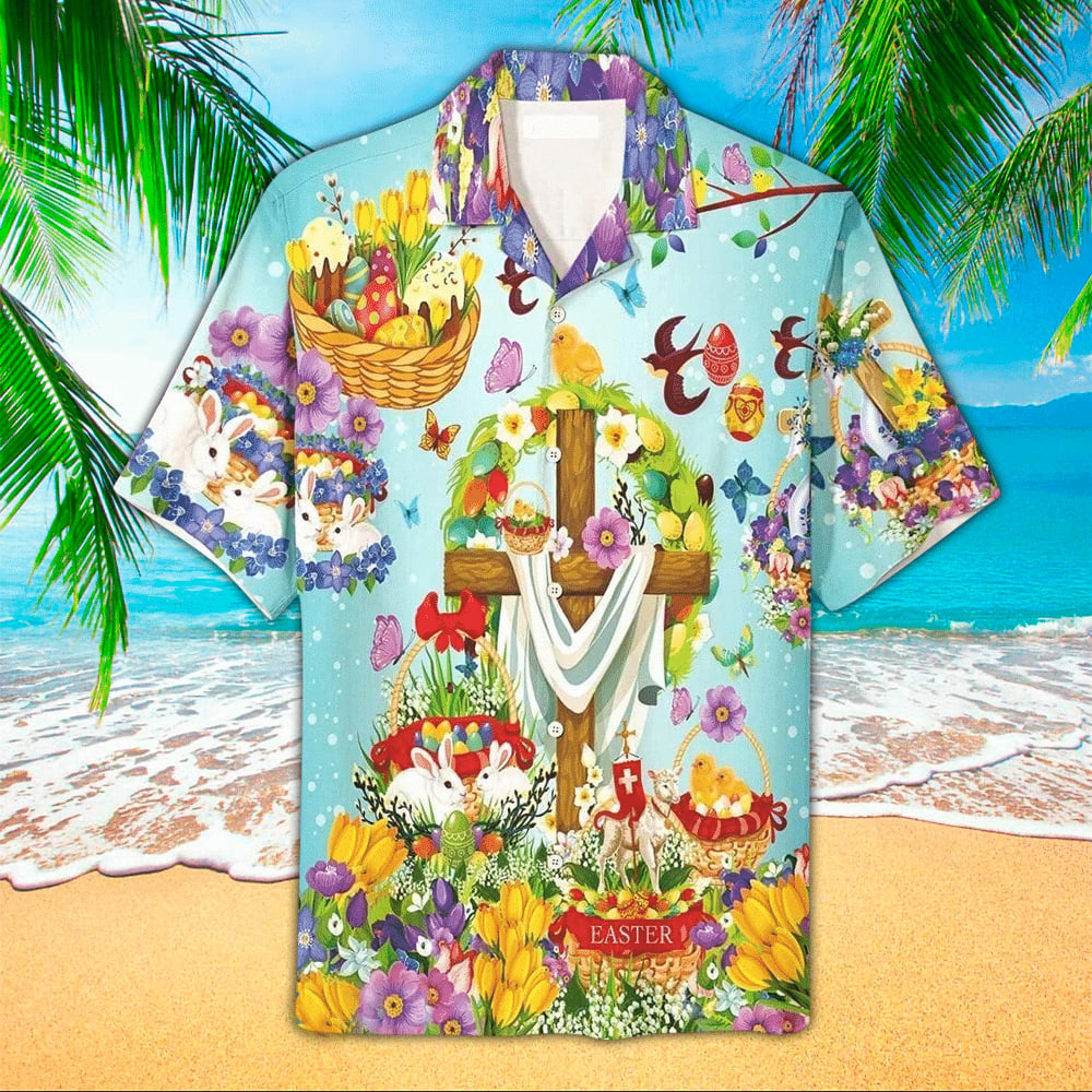 Happy Easter Cross Bunny Hawaiian Shirt - Easter Hawaiian Shirts For Men & Women
