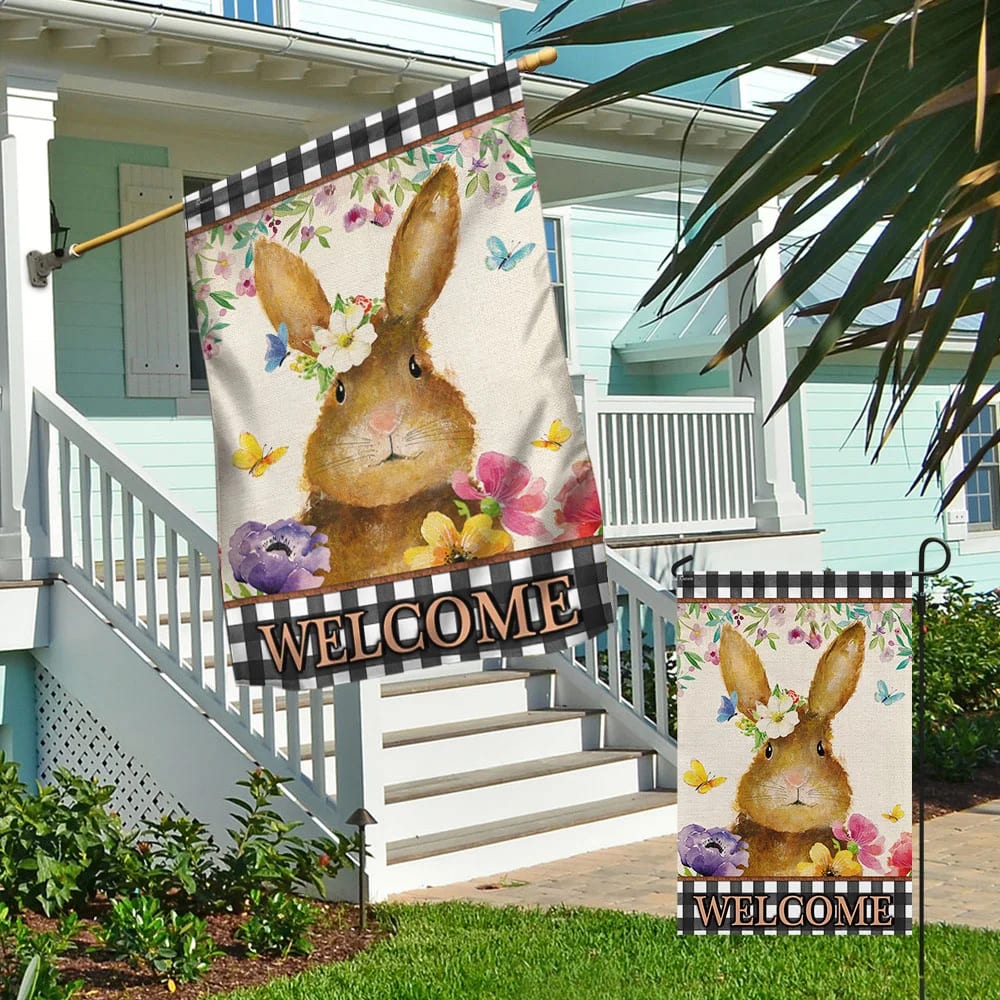Happy Easter Day Bunny Welcome House Flags - Religious Easter Garden Flag - Christian Outdoor Easter Flags