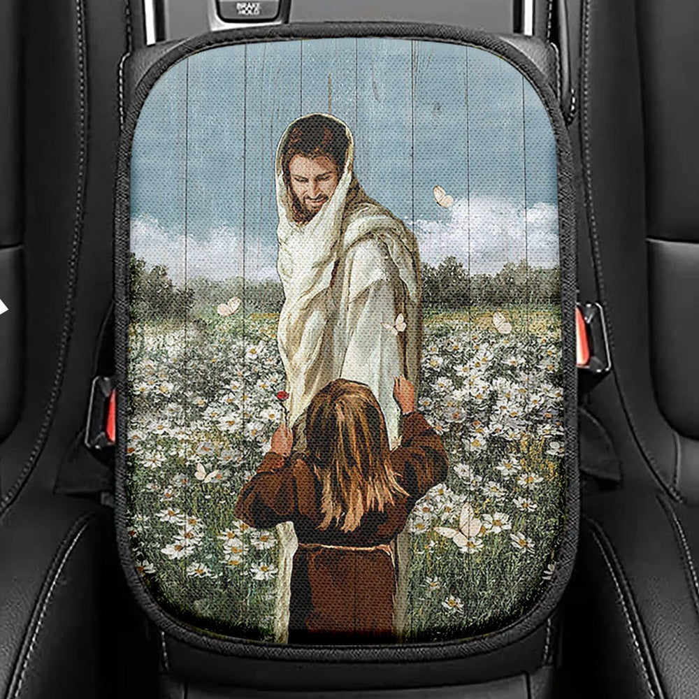 Happy Jesus Little Girl Daisy Field White Butterfly Seat Box Cover, Christian Car Center Console Cover, Religious Car Interior Accessories