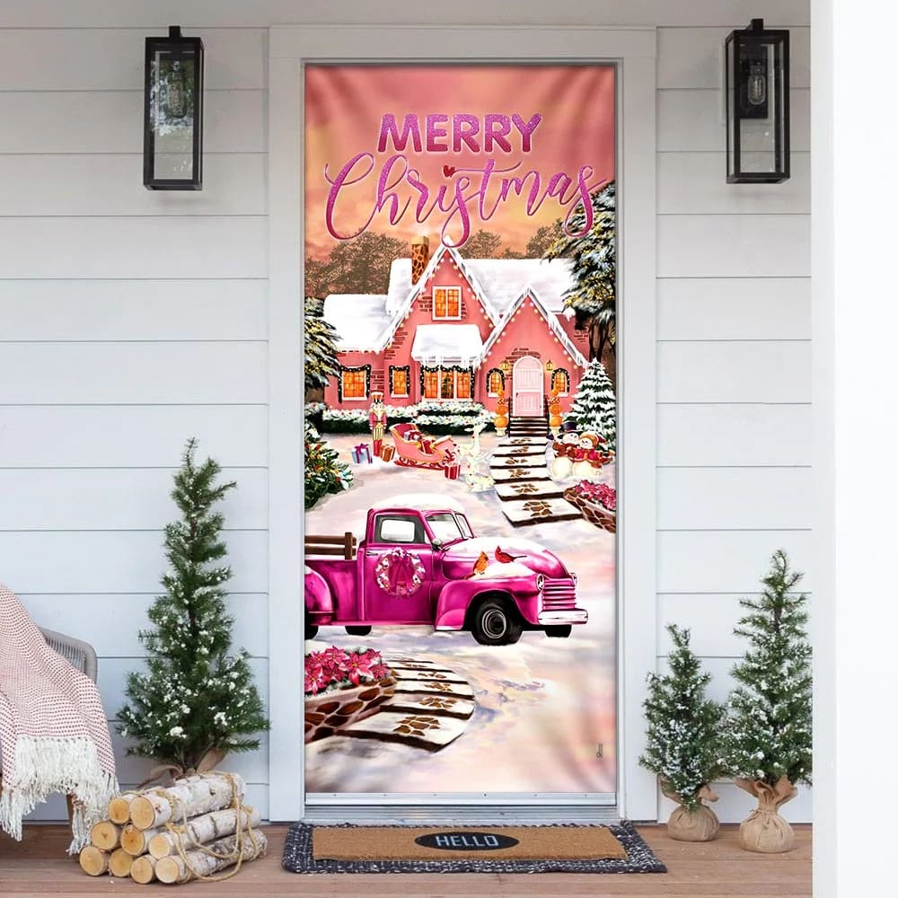 Happy Pink Christmas Door Cover - Door Christmas Cover - Christmas Outdoor Decoration