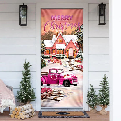 Happy Pink Christmas Door Cover - Door Christmas Cover - Christmas Outdoor Decoration