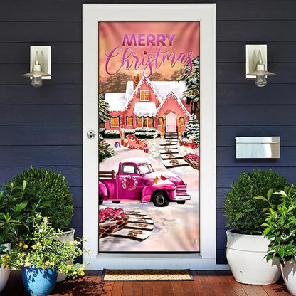 Happy Pink Christmas Door Cover - Door Christmas Cover - Christmas Outdoor Decoration