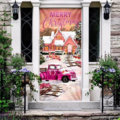 Happy Pink Christmas Door Cover - Door Christmas Cover - Christmas Outdoor Decoration