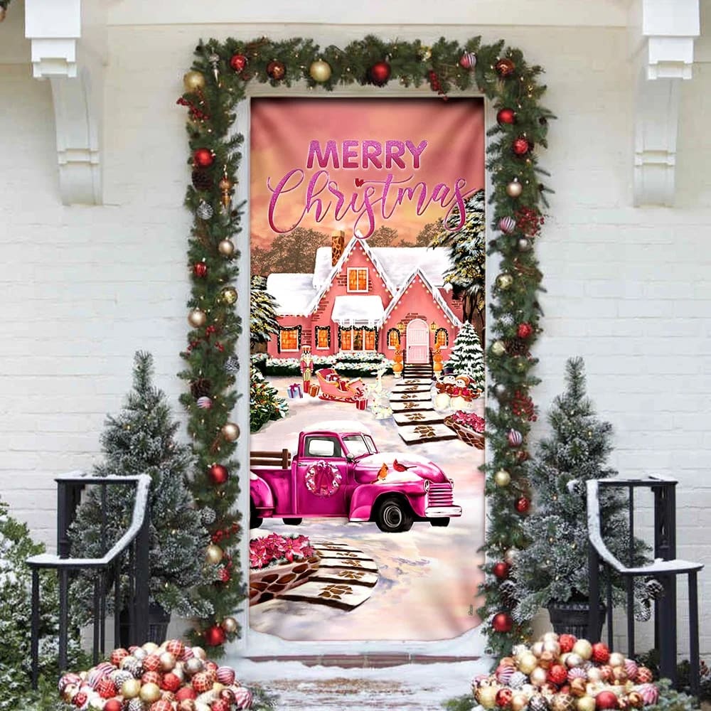 Happy Pink Christmas Door Cover - Door Christmas Cover - Christmas Outdoor Decoration