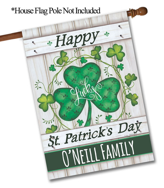 Happy St. Patrick's Day Lucky Clovers Personalized House Flag - St. Patrick's Day Garden Flag - St. Patrick's Day Decorative Flags