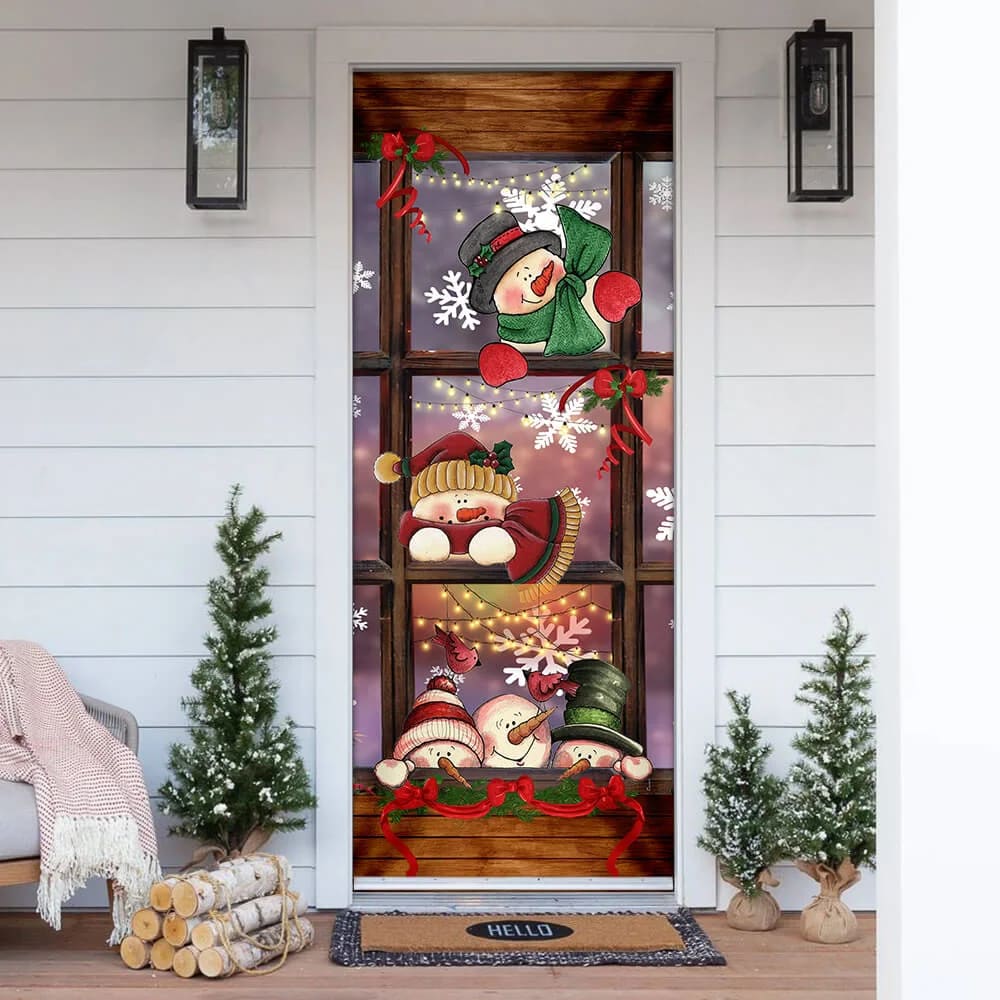 Happy Three Snowmen Door Cover - Door Christmas Cover - Christmas Outdoor Decoration