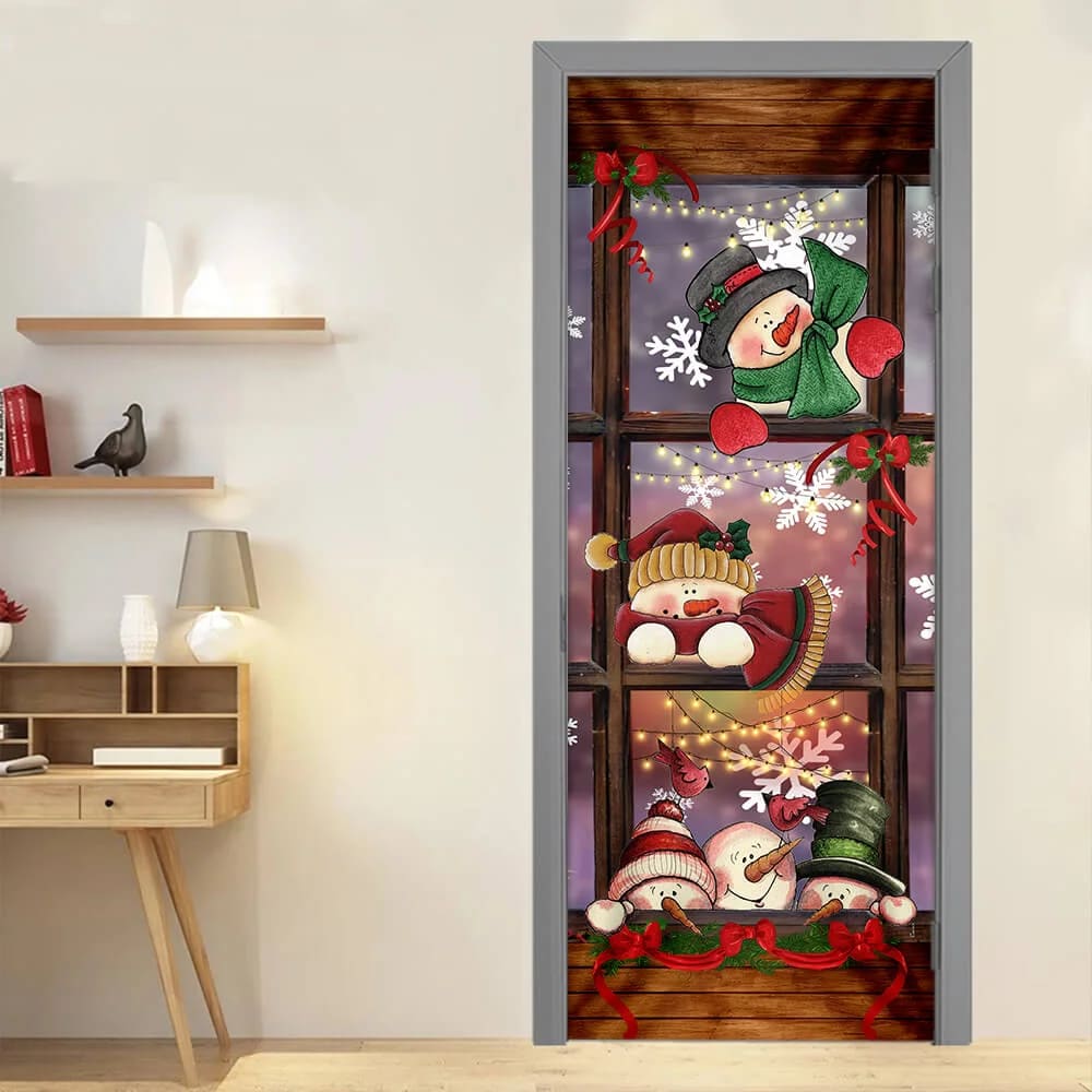 Happy Three Snowmen Door Cover - Door Christmas Cover - Christmas Outdoor Decoration