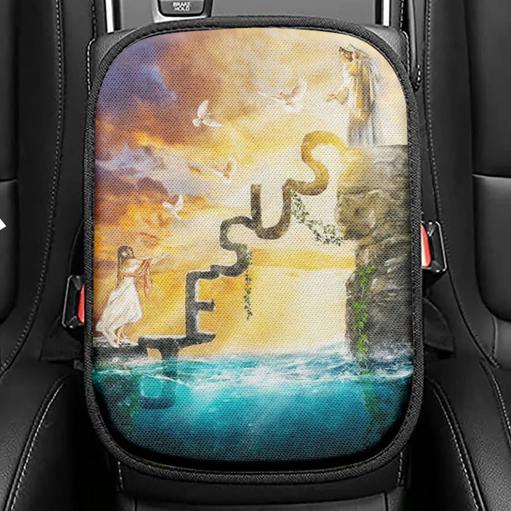 Have Faith Reaching His Hand Beautiful Girl Jesus Seat Box Cover, Christian Car Center Console Cover, Religious Car Interior Accessories