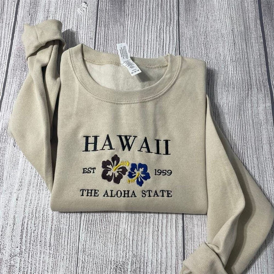 Hawaii Aloha Embroidered Sweatshirt Aloha State Embroidered Crewneck, Women's Embroidered Sweatshirts