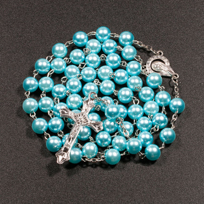 Christian Rosary Necklace - Colorful Faux Pearl Beads Jewelry