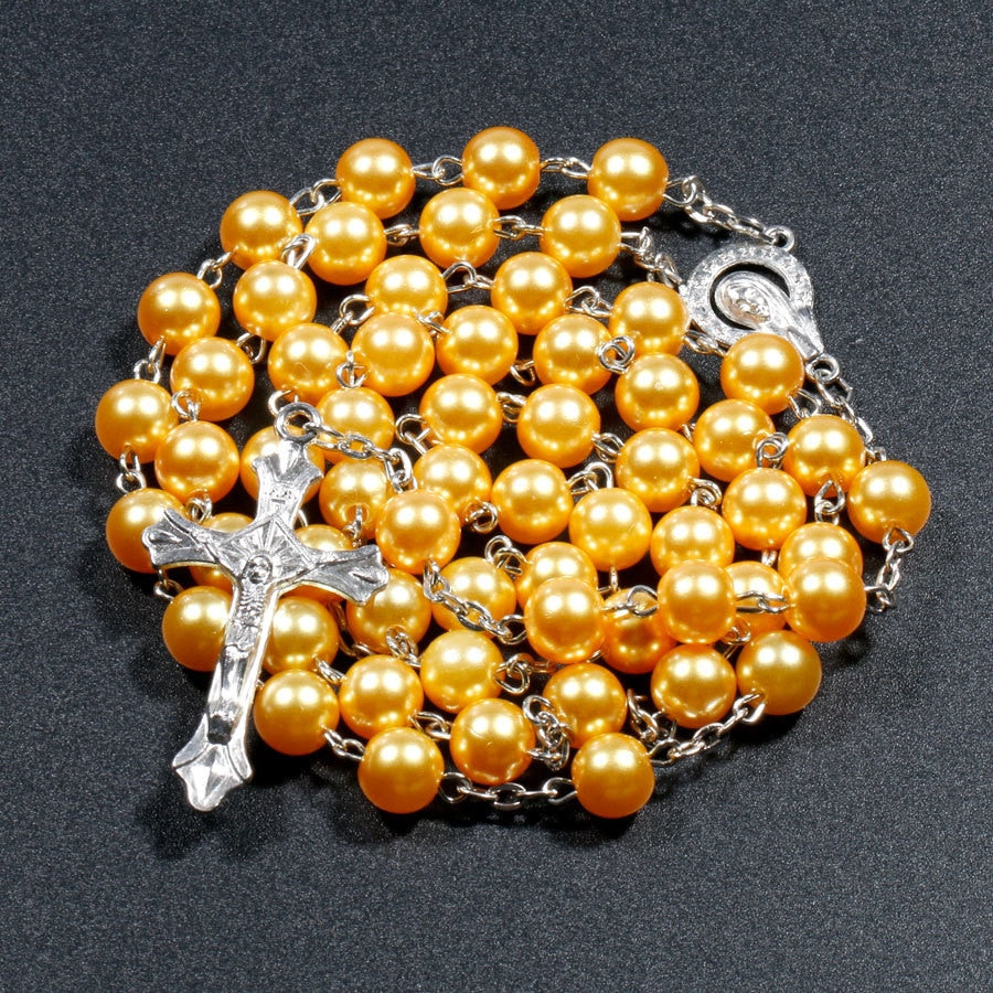 Christian Rosary Necklace - Yellow Faux Pearl Beads Jewelry