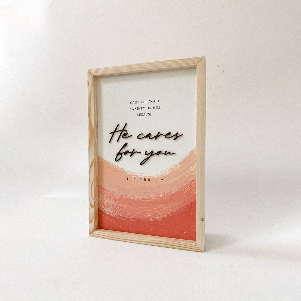 He Cares For You 1 Peter 5 7 Wood Sign - Christian Wood Signs - Bible Verse Wall Art