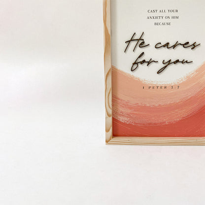 He Cares For You 1 Peter 5 7 Wood Sign - Christian Wood Signs - Bible Verse Wall Art