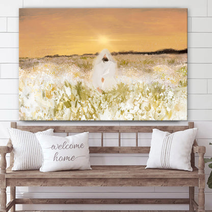 He Has Come Jesus Sitting Field Flowers Canvas Poster