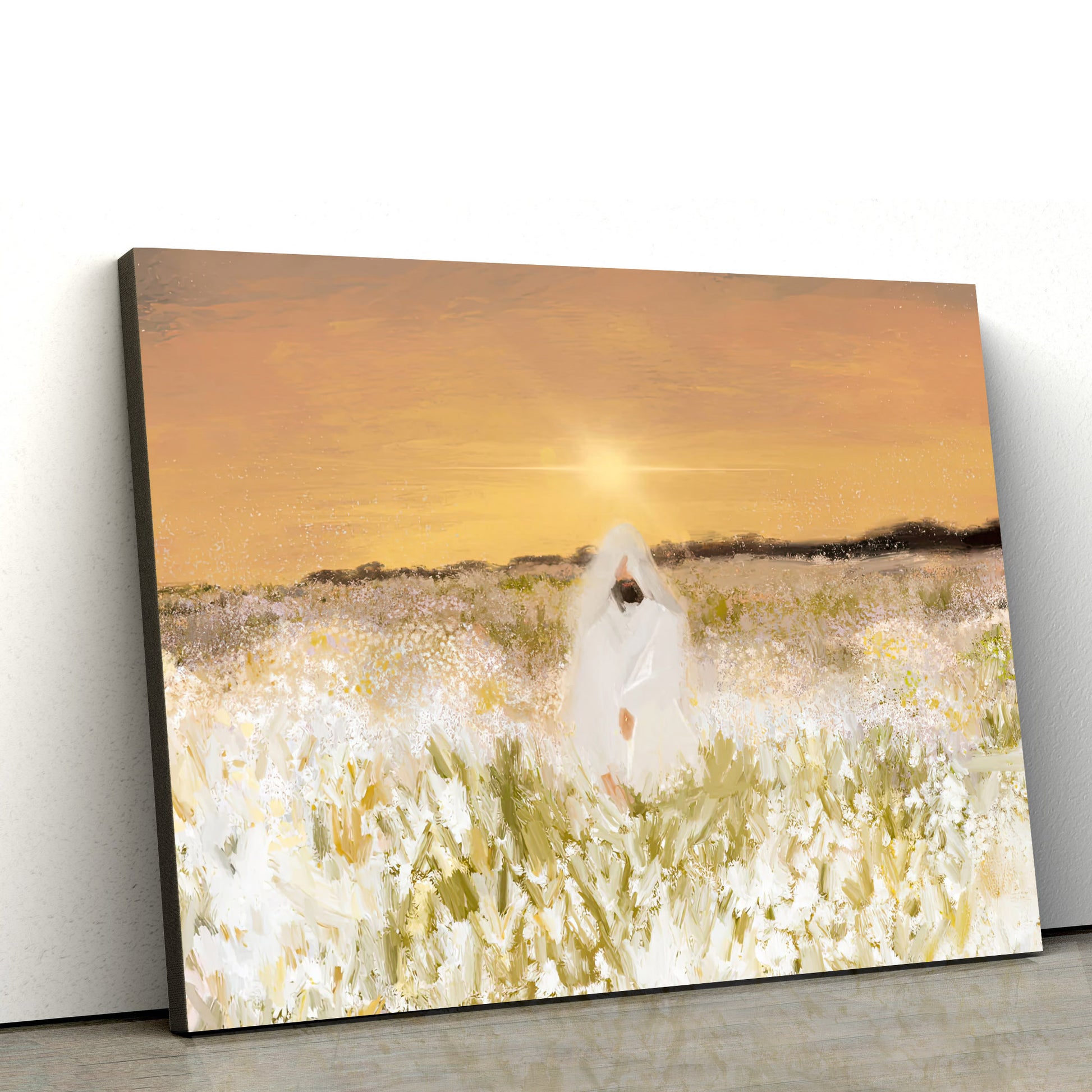 He Has Come Jesus Sitting Field Flowers Canvas Poster