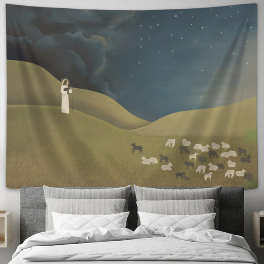 Jesus Christ and Lamb On Grassland Tapestry - Jesus The Good Shepherd - Jesus Tapestry - Religious Wall Decor - Christian Wall Tapestry - Ciaocustom