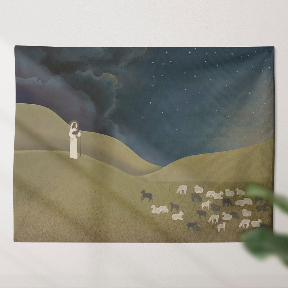 Jesus Christ and Lamb On Grassland Tapestry - Jesus The Good Shepherd - Jesus Tapestry - Religious Wall Decor - Christian Wall Tapestry - Ciaocustom