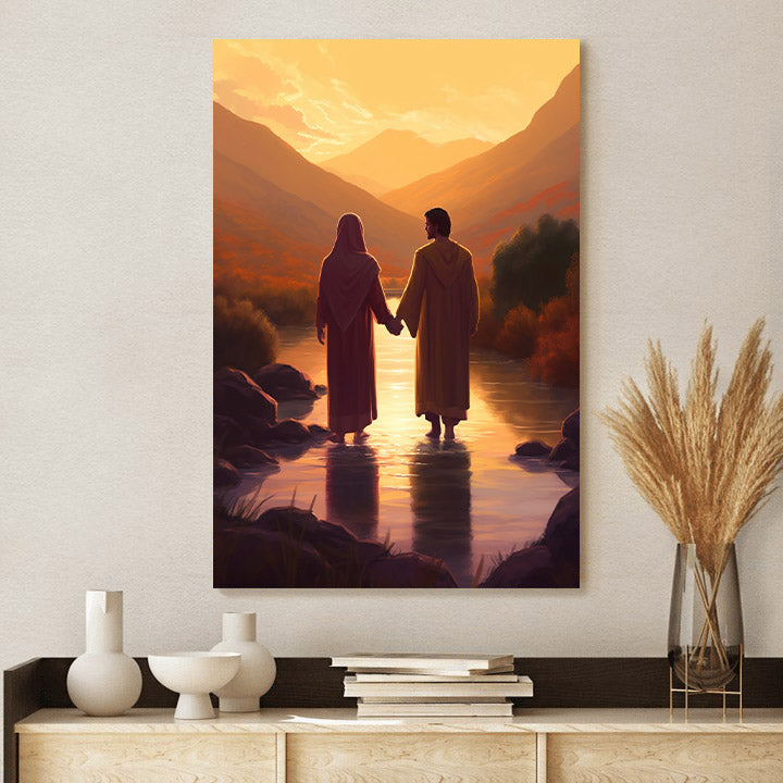 He And Jesus Hold Hands While Walking Through A Small Creek - Canvas Pictures - Jesus Christ Canvas - Christian Wall Art