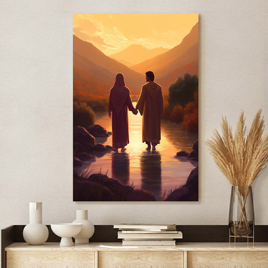 He And Jesus Hold Hands While Walking Through A Small Creek - Canvas Pictures - Jesus Christ Canvas - Christian Wall Art