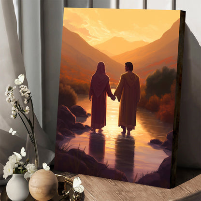 He And Jesus Hold Hands While Walking Through A Small Creek - Canvas Pictures - Jesus Christ Canvas - Christian Wall Art