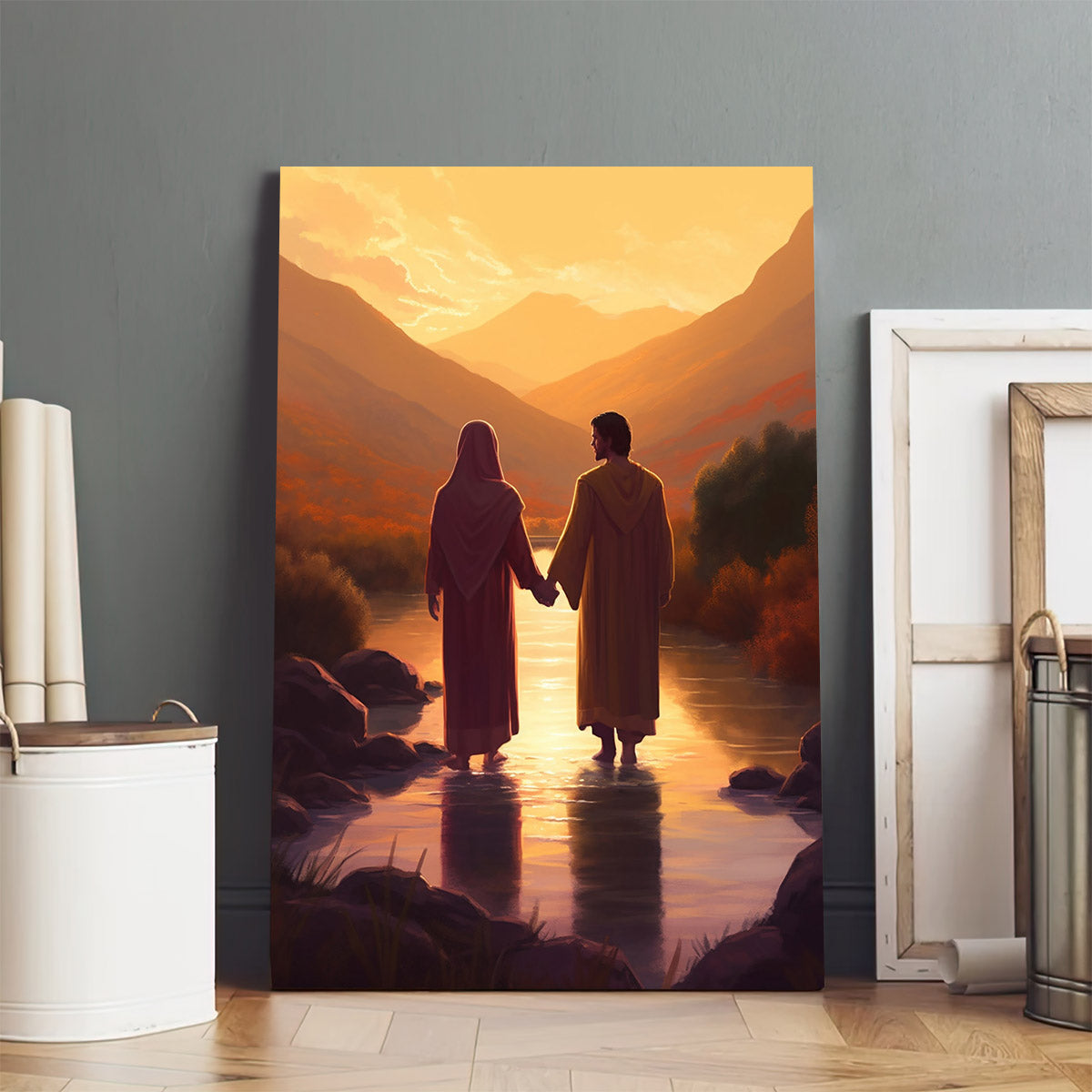 He And Jesus Hold Hands While Walking Through A Small Creek - Canvas Pictures - Jesus Christ Canvas - Christian Wall Art