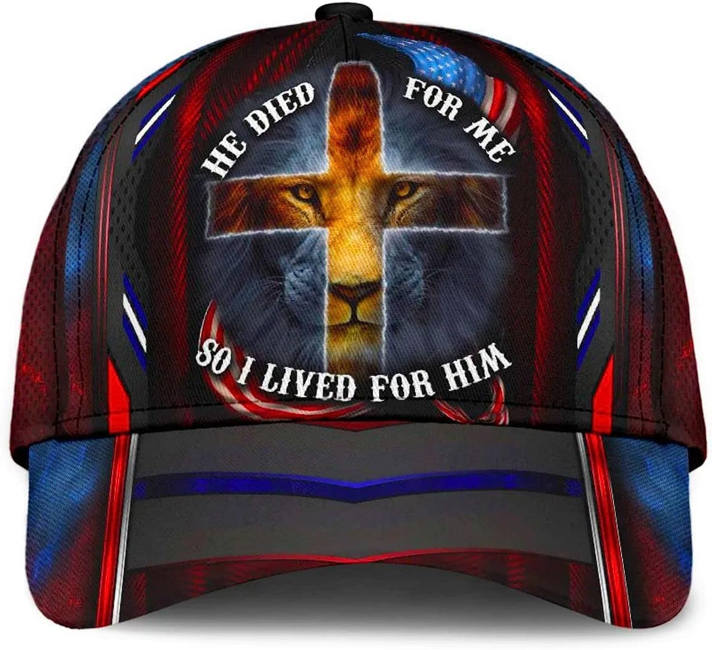 He Died For Me So I Live For Him Lion Cross All Over Print Baseball Cap - Christian Hats For Men Women