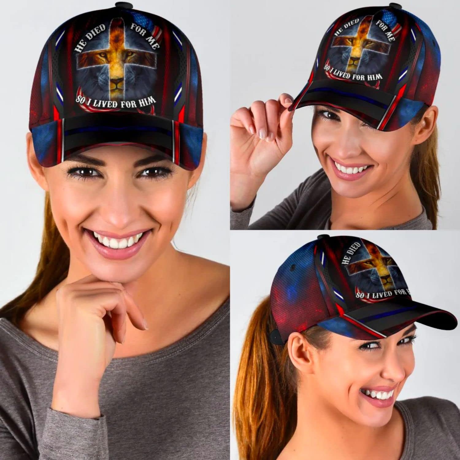 He Died For Me So I Live For Him Lion Cross All Over Print Baseball Cap - Christian Hats For Men Women