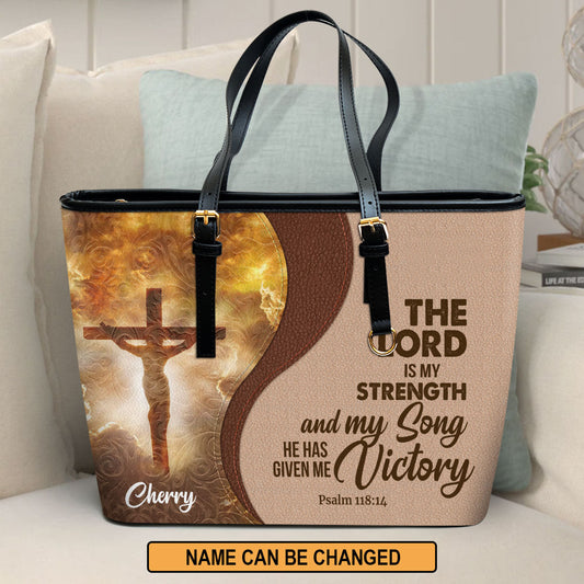 He Has Given Me Victory Personalized Large Leather Tote Bag - Christian Inspirational Gifts For Women
