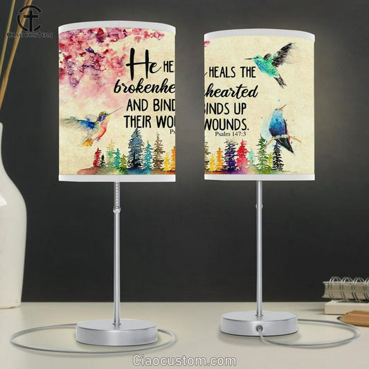 He Heals The Brokenhearted Psalm 1473 Bible Verse Table Lamp For Bedroom - Christian Room Decor