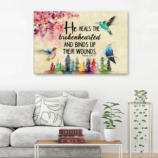 He Heals The Brokenhearted Psalm 1473 Bible Verse Wall Art Canvas - Religious Wall Decor