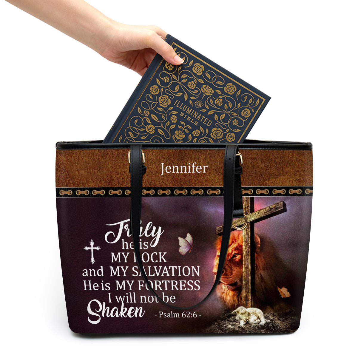 He Is My Fortress I Will Not Be Shaken Personalized Large Leather Tote Bag - Christian Inspirational Gifts For Women