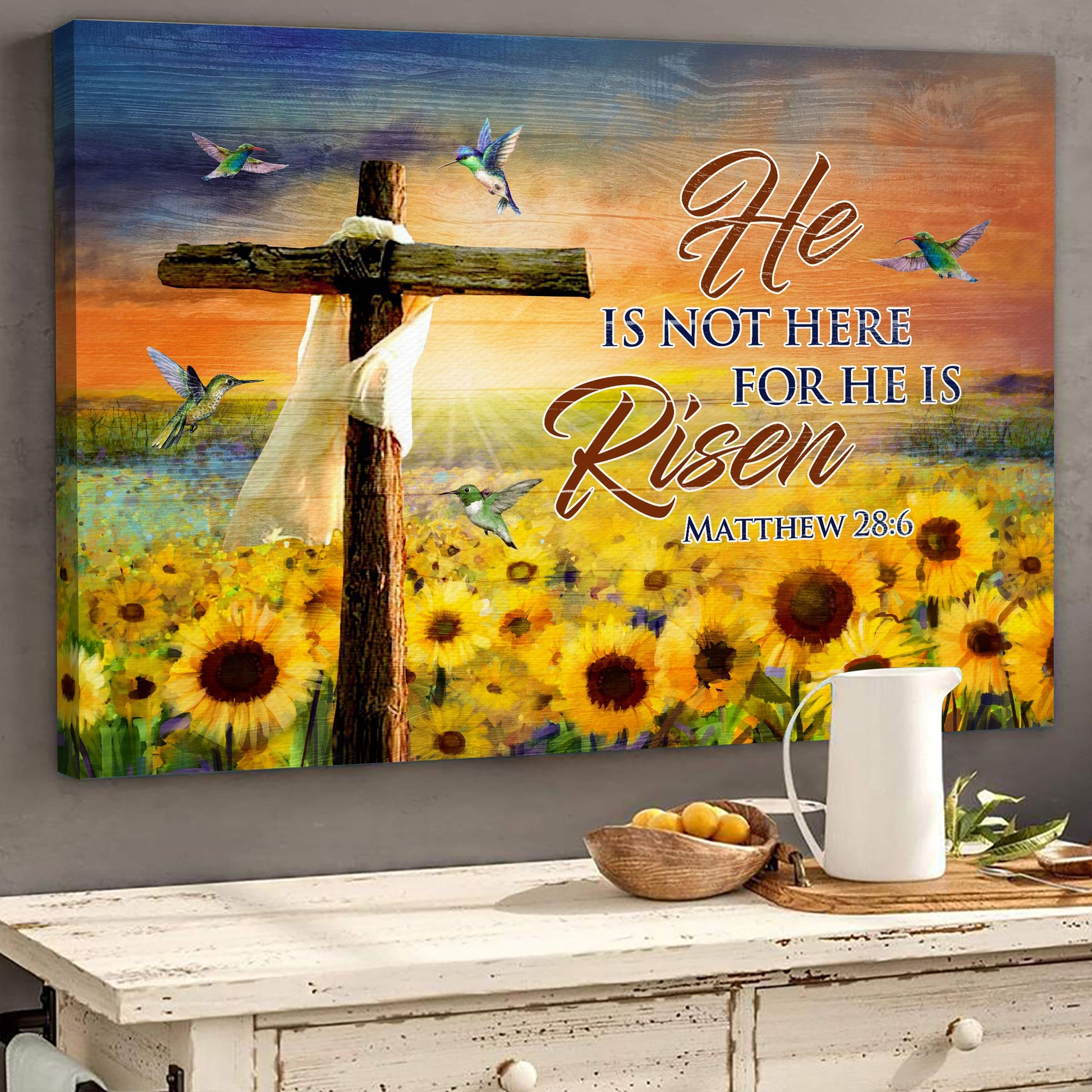 He Is Not Here For He Is Risen Cross Sunflower Field Canvas Wall Art - Christian Poster - Religious Wall Decor