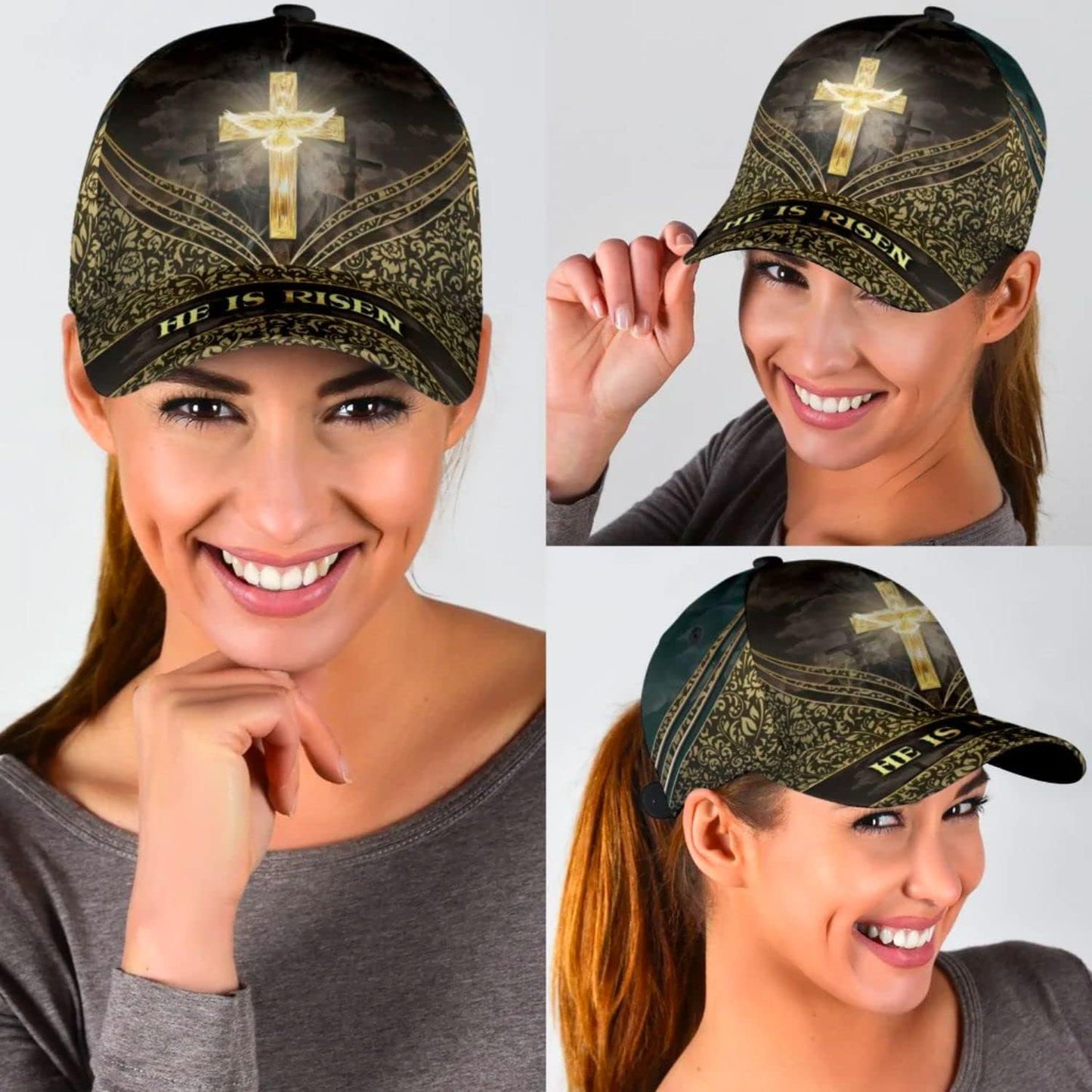 He Is Risen Cross Baseball Cap - Christian Hats for Men and Women
