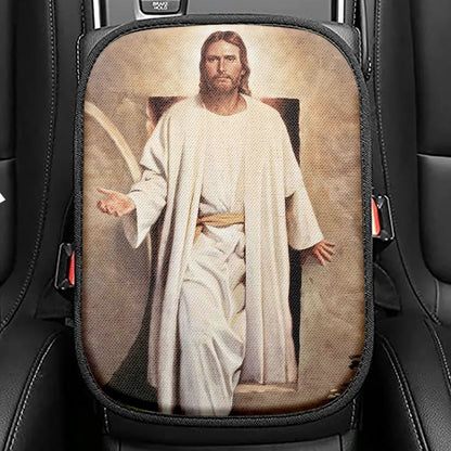 He Is Risen Cross Purple Ribbon Lily Flower Seat Box Cover, Bible Verse Car Center Console Cover, Christian Inspirational Car Interior Accessories