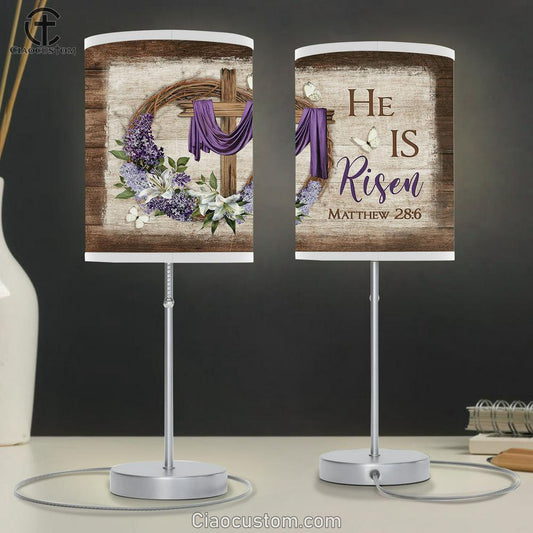 He Is Risen Cross White Butterfly Floral Wreath Purple Silk Table Lamp For Bedroom - Bible Verse Table Lamp - Religious Room Decor