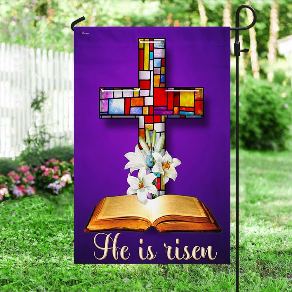 He Is Risen Lily Stained Glass Christian Cross Easter House Flags - Easter Cross Garden Flags