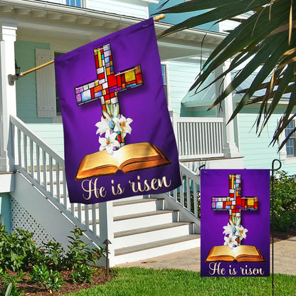 He Is Risen Lily Stained Glass Christian Cross Easter House Flags - Easter Cross Garden Flags