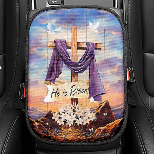 He Is Risen Lion Cross Seat Box Cover, Bible Verse Car Center Console Cover, Christian Inspirational Car Interior Accessories