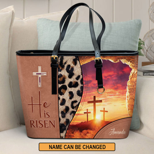 He Is Risen Personalized Cross Large Leather Tote Bag - Christian Inspirational Gifts For Women