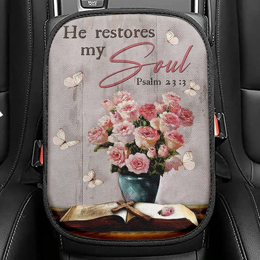 He Restores My Soul Pink Rose Vase Bible Seat Box Cover, Bible Verse Car Center Console Cover, Christian Inspirational Car Interior Accessories