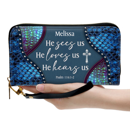 He Sees Us, He Loves Us Clutch Purse For Women - Personalized Name - Christian Gifts For Women