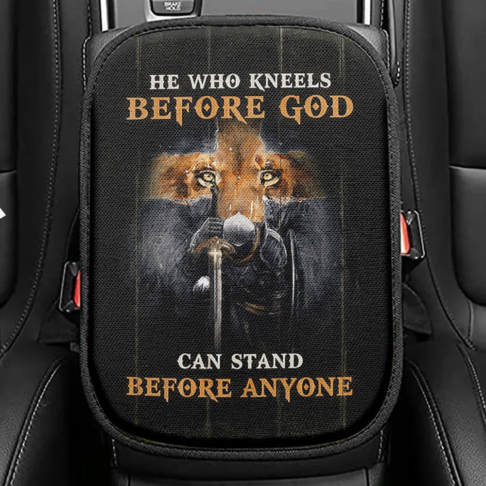 He Who Kneels Before God Can Stand Before Anyone Seat Box Cover, Bible Verse Car Center Console Cover, Christian Inspirational Car Armrest Cover