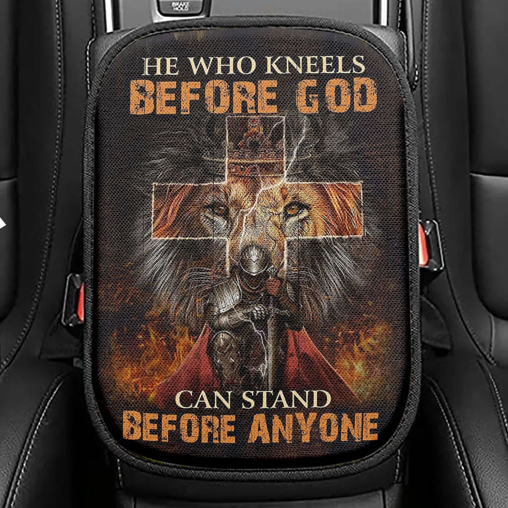 He Who Kneels Before God Seat Box Cover, Warrior Of Christ Lion Of Judah Car Center Console Cover, Christian Car Interior Accessories