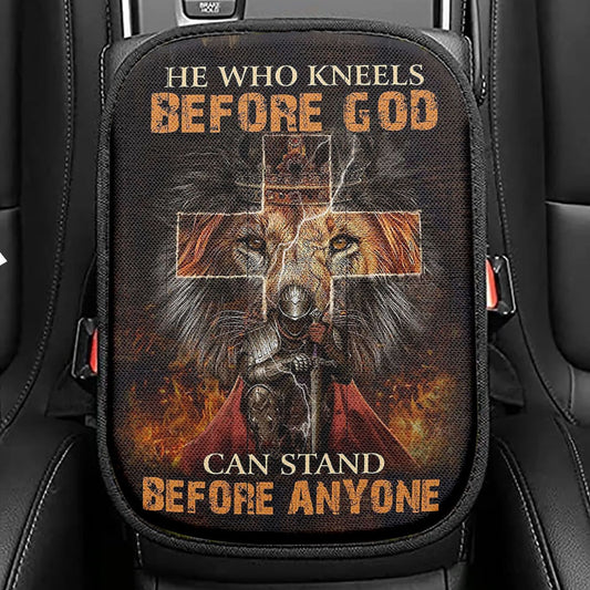 He Who Kneels Before God Seat Box Cover, Warrior Of Christ Lion Of Judah Car Center Console Cover, Christian Car Interior Accessories