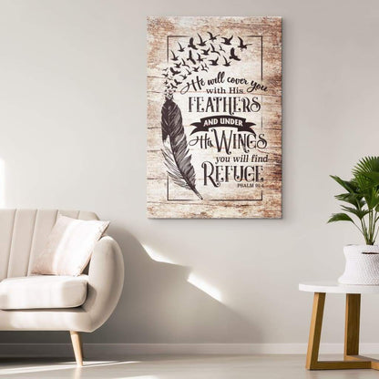 He Will Cover You With His Feathers Psalm 914 Bible Verse Canvas Art - Bible Verse Canvas - Scripture Wall Art
