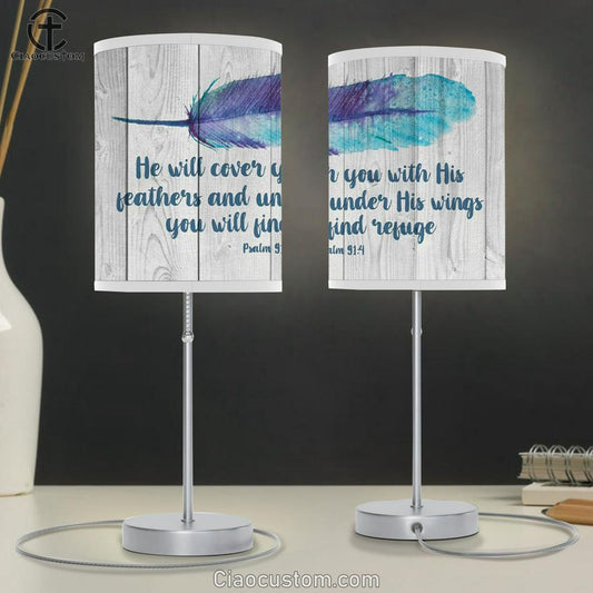 He Will Cover You With His Feathers Psalm 914 Bible Verse Table Lamp For Bedroom - Christian Room Decor