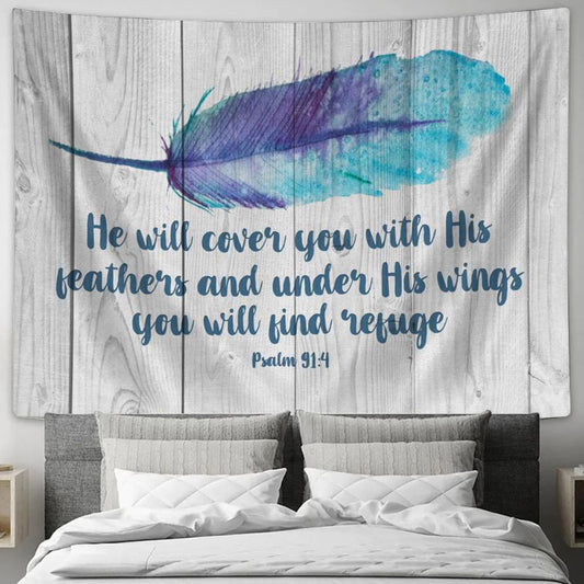 He Will Cover You With His Feathers Psalm 914 Bible Verse Wall Art - Christian Wall Tapestry - Tapestry Wall Hanging